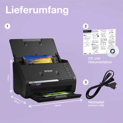 Lieferumfang des Epson FastFoto FF-680W: Scanner, Netzkabel mit USB-Kabel, Anleitung und CD